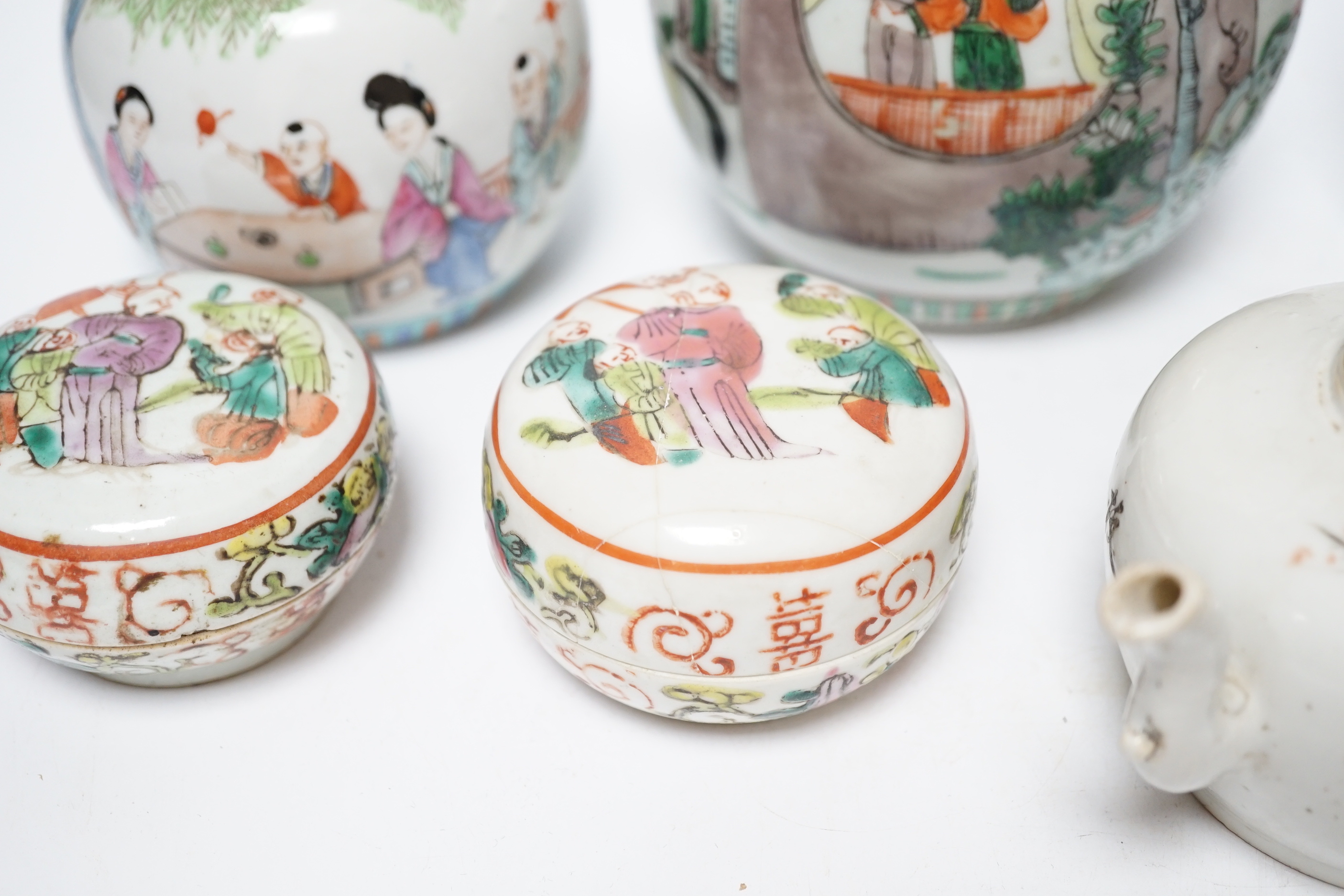 A group of 19th/20th century Chinese famille rose boxes and covers and jars etc., tallest 11.5cm